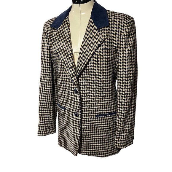 JL COLEBROOK Mohair Wool Houndstooth Blazer Women Small Navy Tan Career Business - Picture 4 of 16